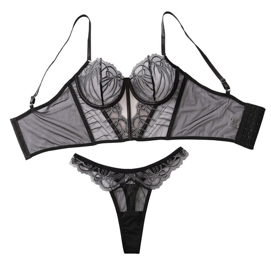 Sexy lace embroidered lingerie two-piece set with hollowed out perspective shapewear straps for fun